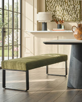 Loop olive green velvet 3 seater black metal dining bench without backrest