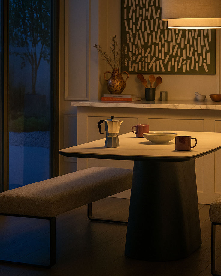 Loop 3-seater fabric bench without backrest, grey fabric with black metal frame, shown in modern dining setting.