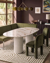 Natural ceramic 6 seater dining table with Mason olive green velvet dining chairs & left corner dining bench set