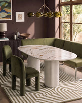 Natural ceramic 6 seater dining table with Mason olive green dining chairs & right corner dining bench set