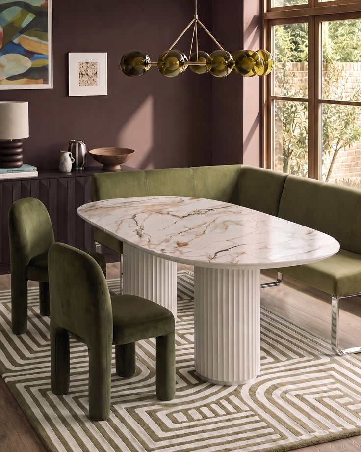 Natural ceramic 6 seater dining table with Mason olive green dining chairs & right corner dining bench set