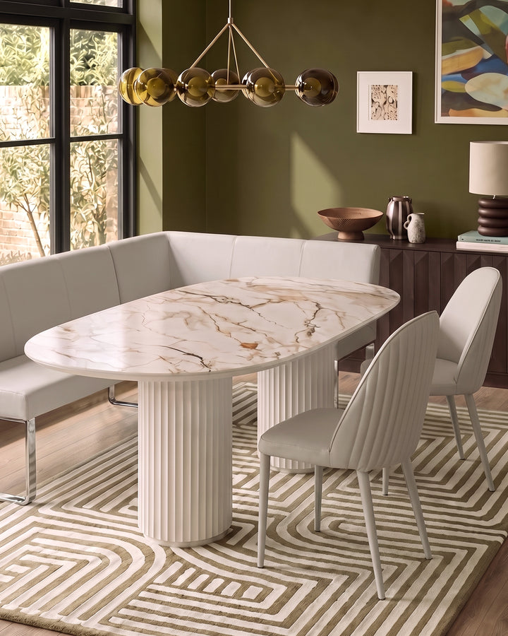 Natural ceramic 6 seater dining table with Saylor light grey faux leather dining chairs & left corner dining bench set