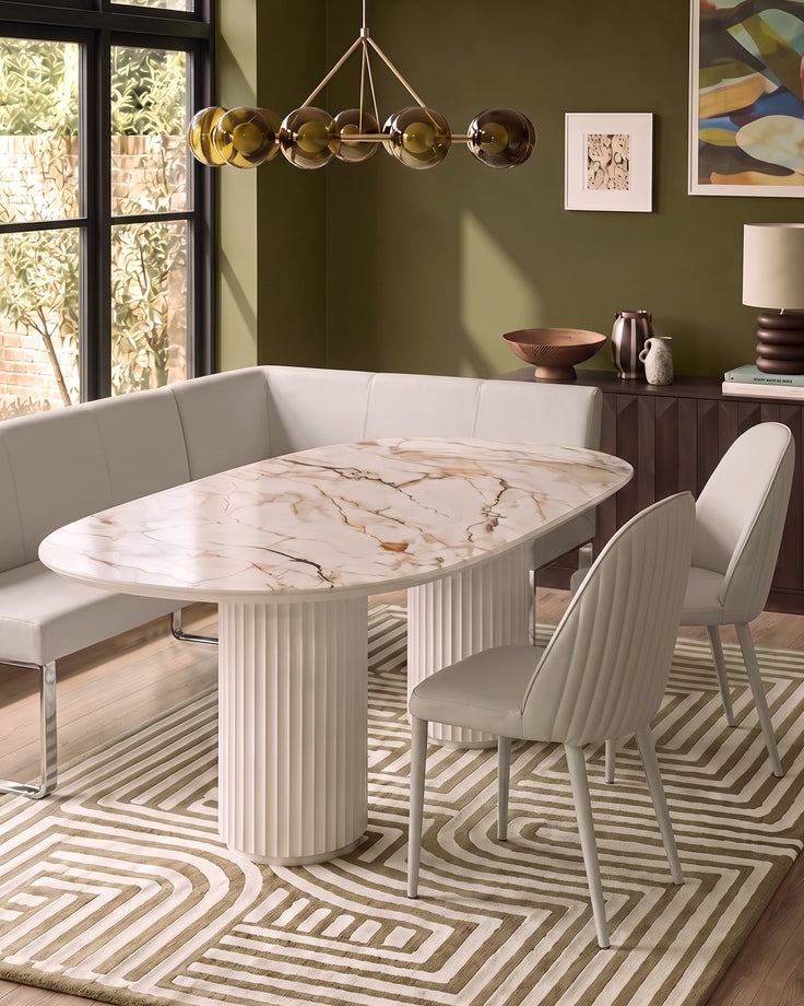 Natural ceramic 6 seater dining table with Saylor light grey faux leather dining chairs & left corner dining bench set