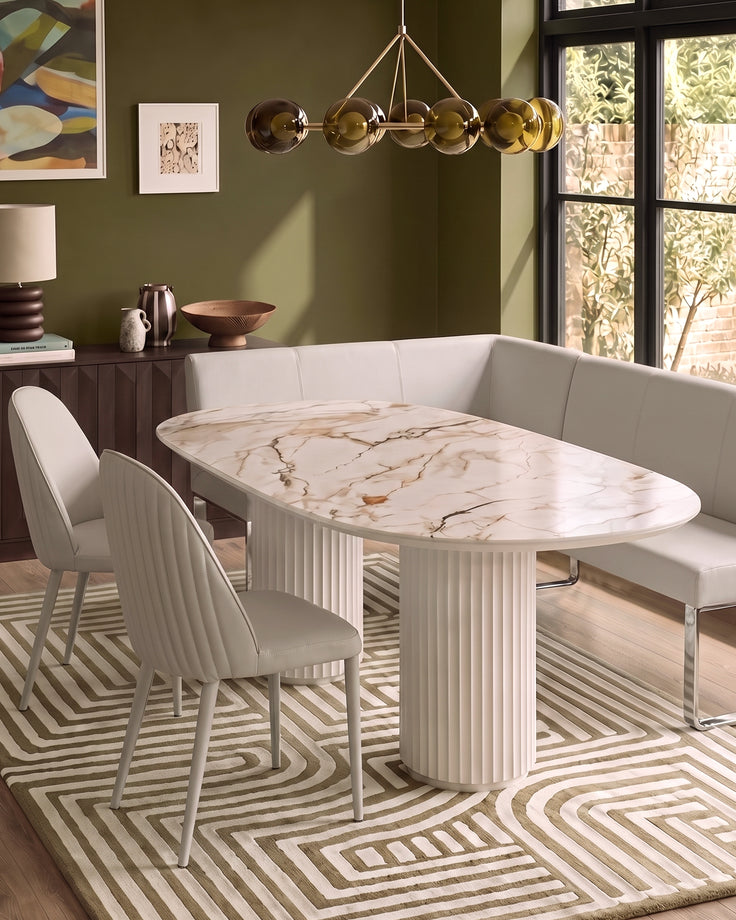 Natural ceramic 6 seater dining table with Saylor light grey faux leather dining chairs & right corner dining bench set