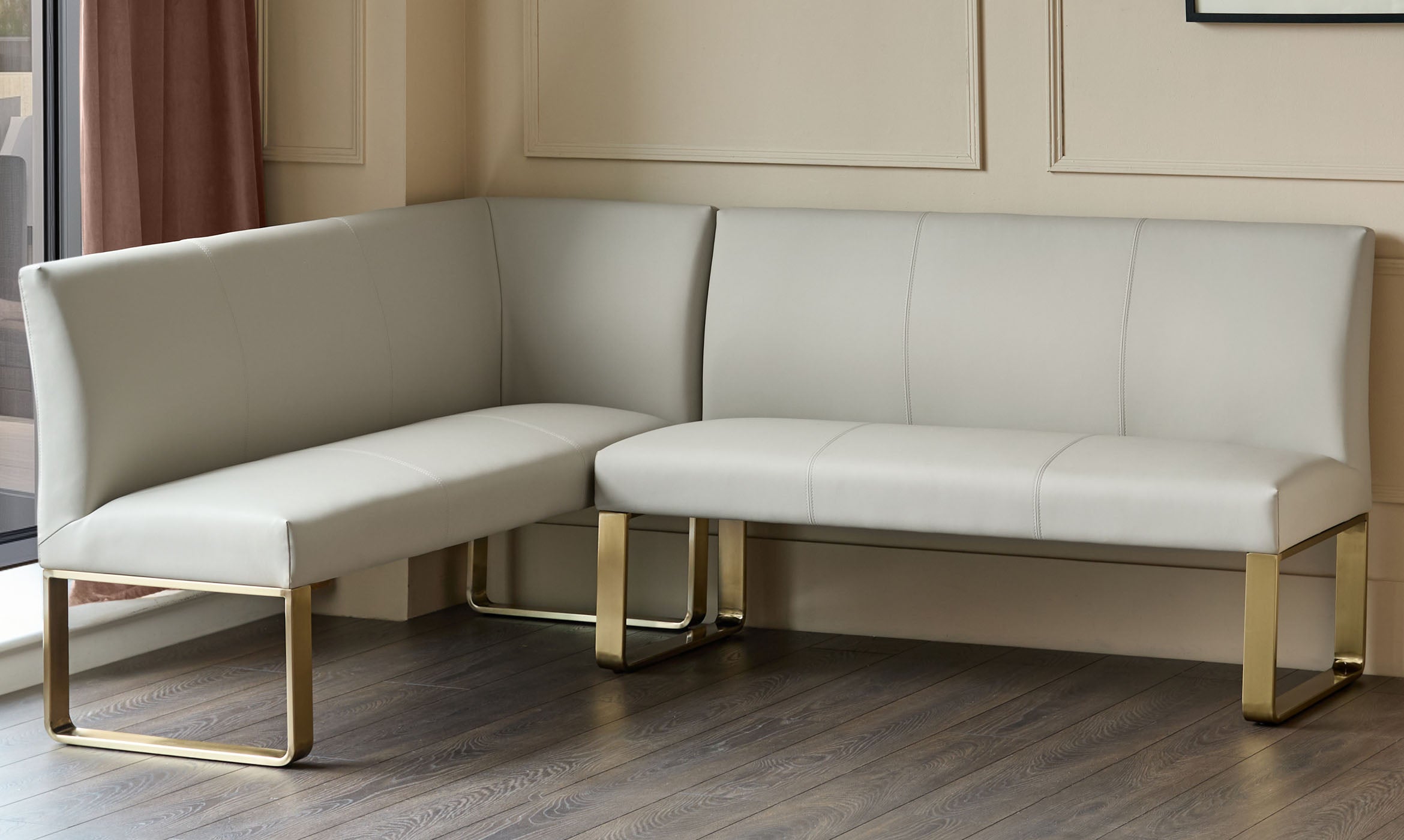 Loop light grey faux leather right hand corner 5 seater brushed brass leg dining bench