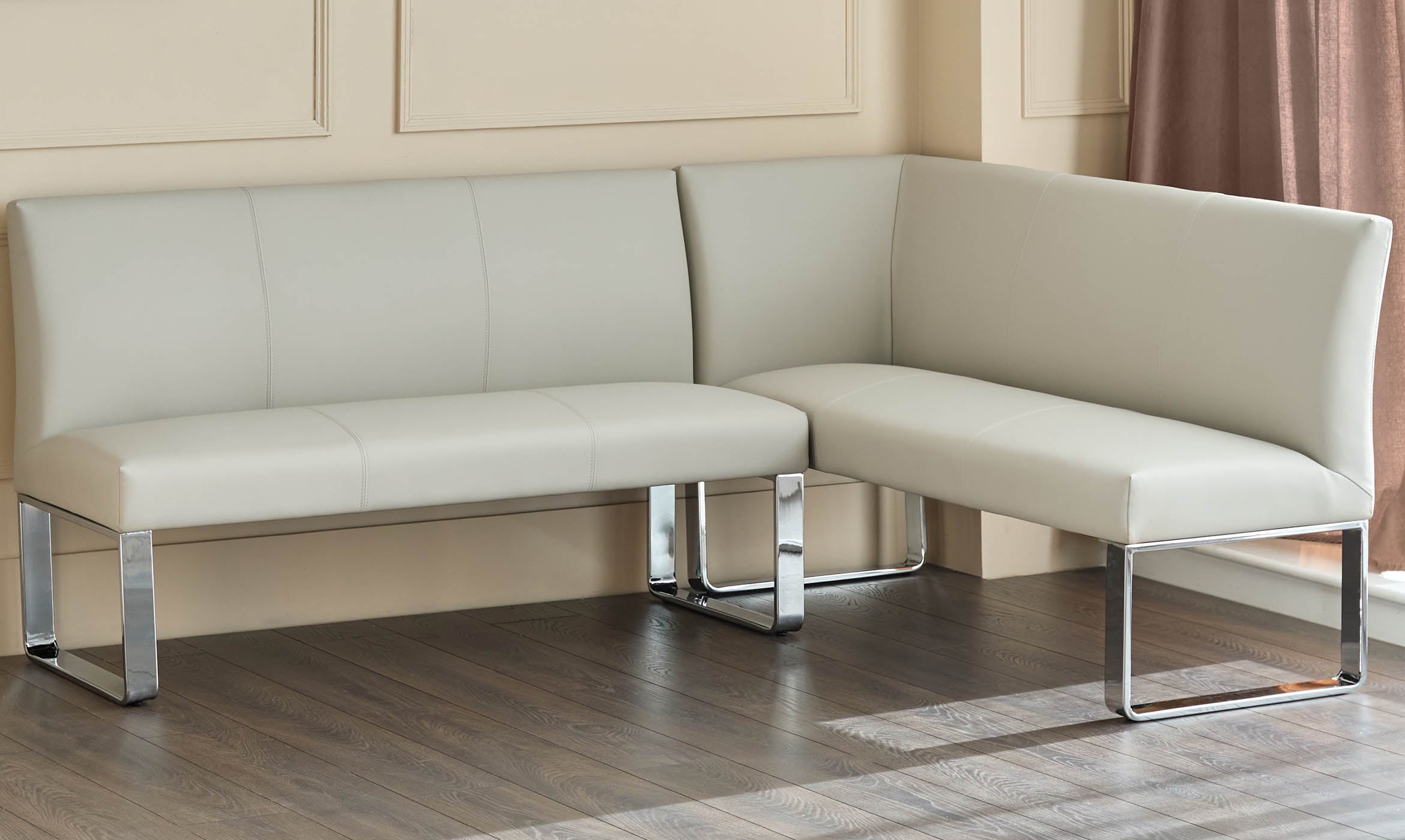 Loop light grey faux leather left hand corner 5 seater chrome leg dining bench