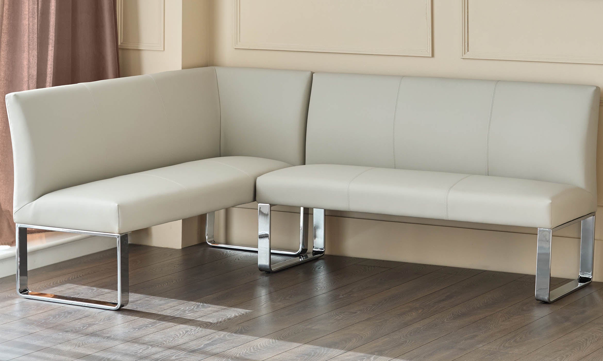 Loop light grey faux leather right hand corner 5 seater chrome leg dining bench