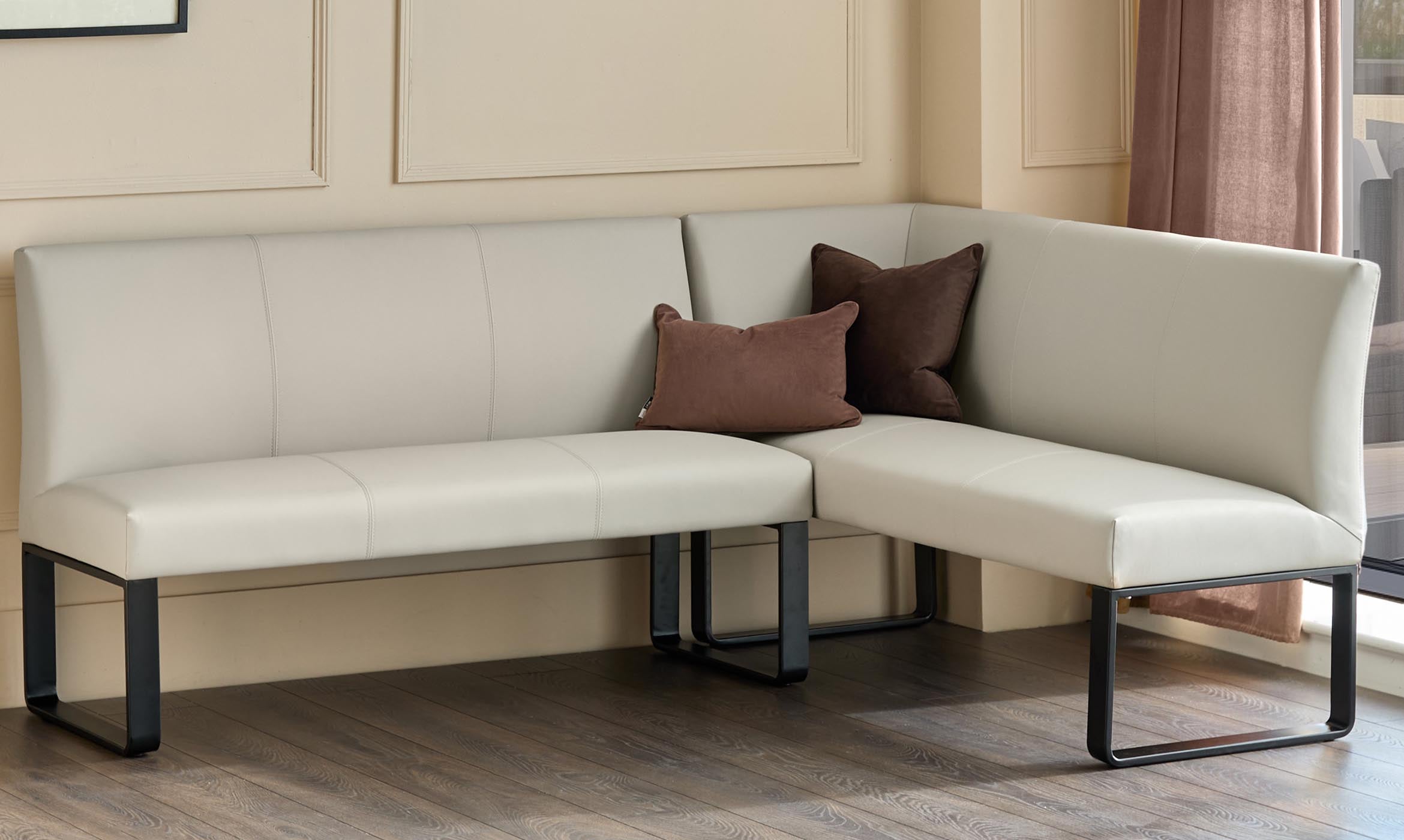 Loop 5 Seater Light Grey Faux Leather & Black Leg Left Hand Corner Dining Bench