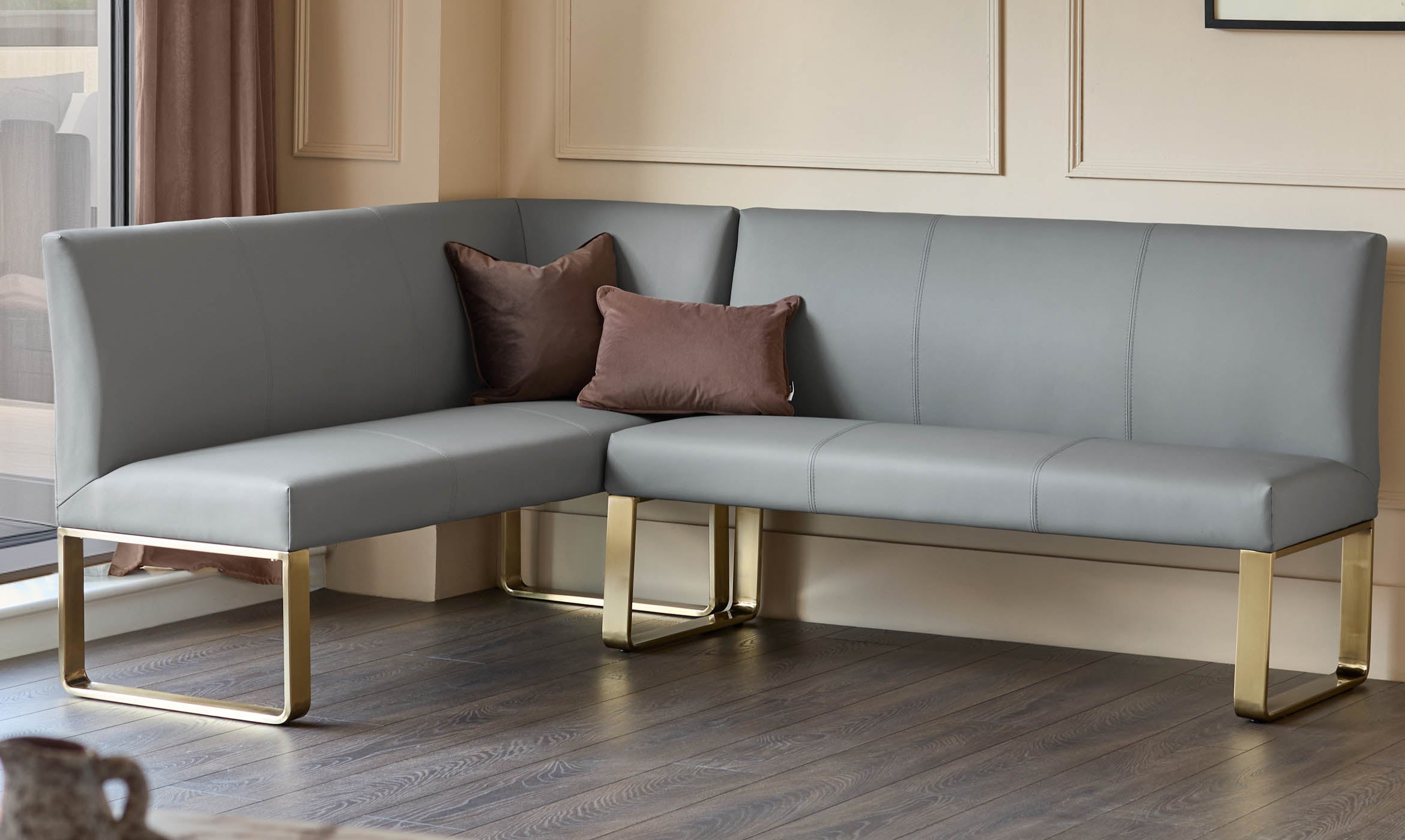 Loop mid grey faux leather right hand corner 5 seater brushed brass leg dining bench