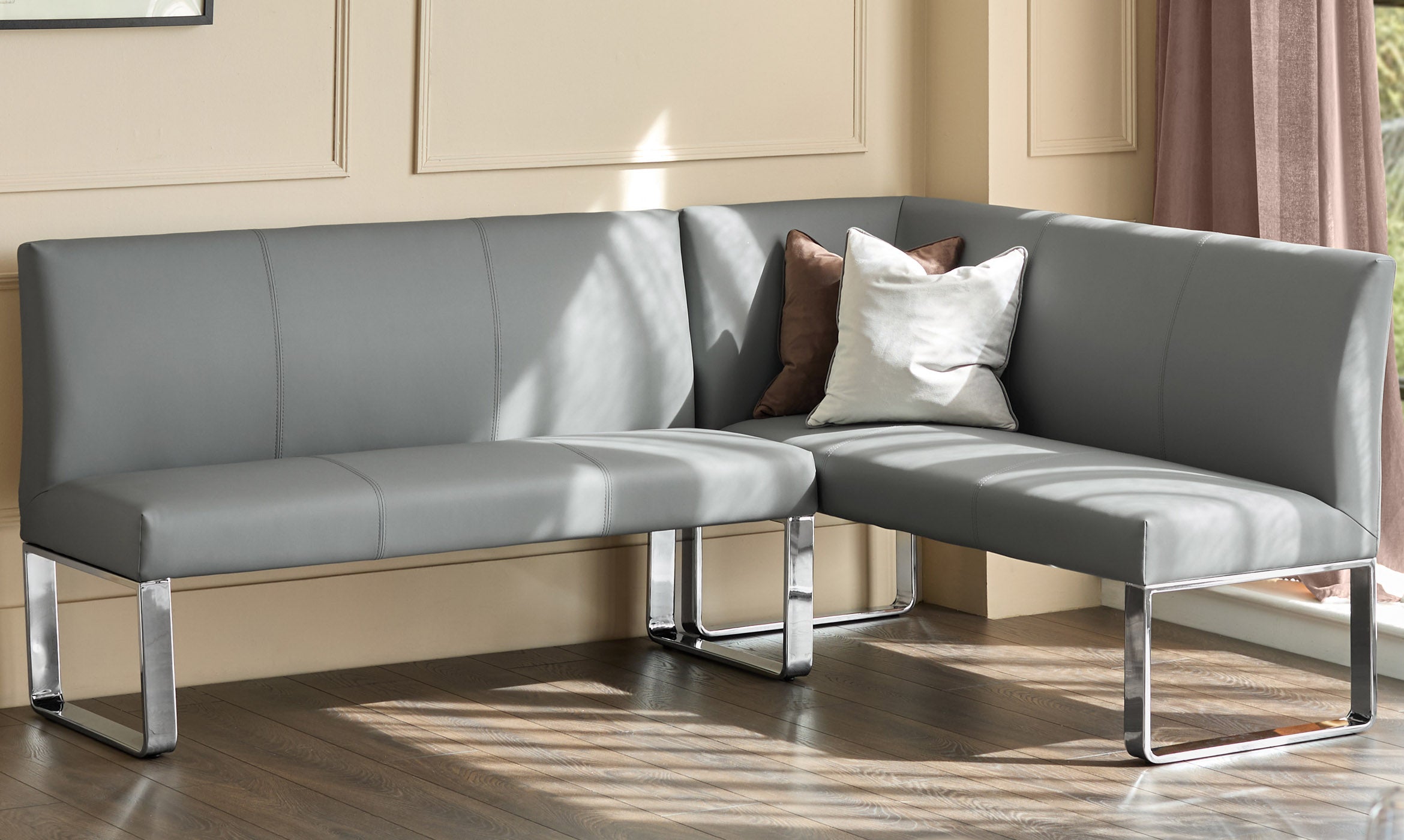 Loop mid grey faux leather left hand corner 5 seater chrome leg dining bench