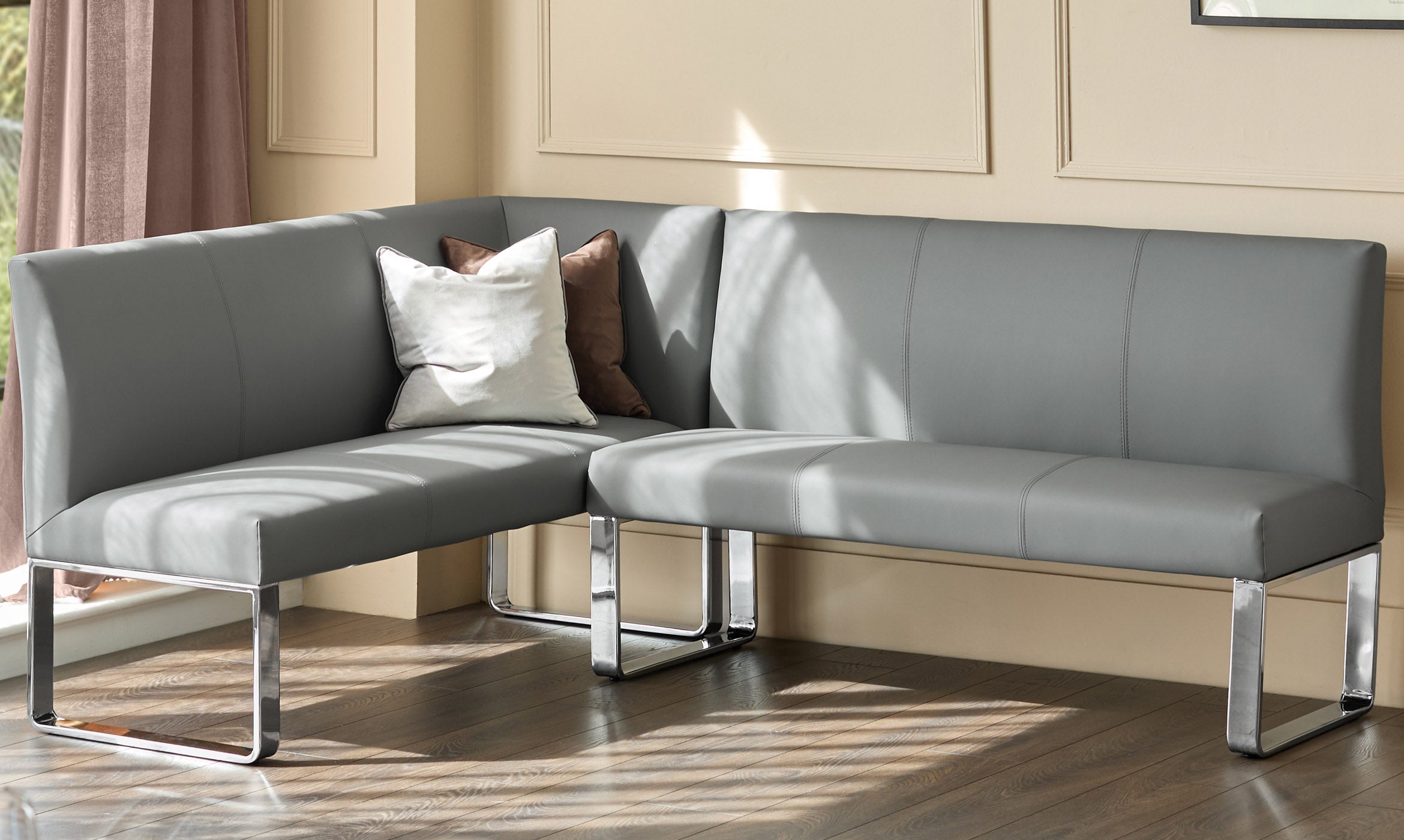 Loop mid grey faux leather right hand corner 5 seater chrome leg dining bench