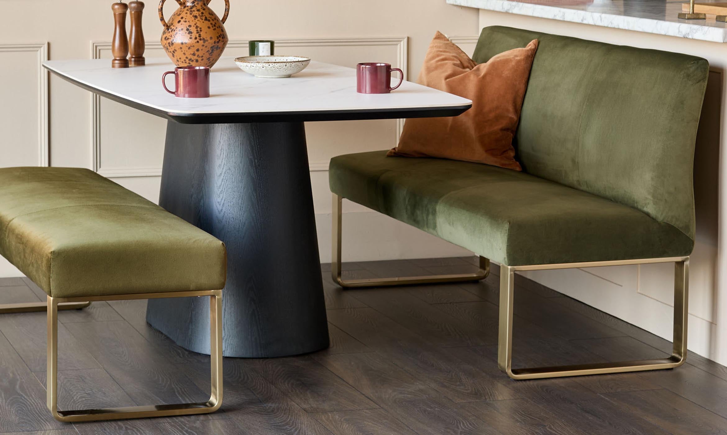 Loop olive green velvet brushed brass 3 seater dining bench without backrest