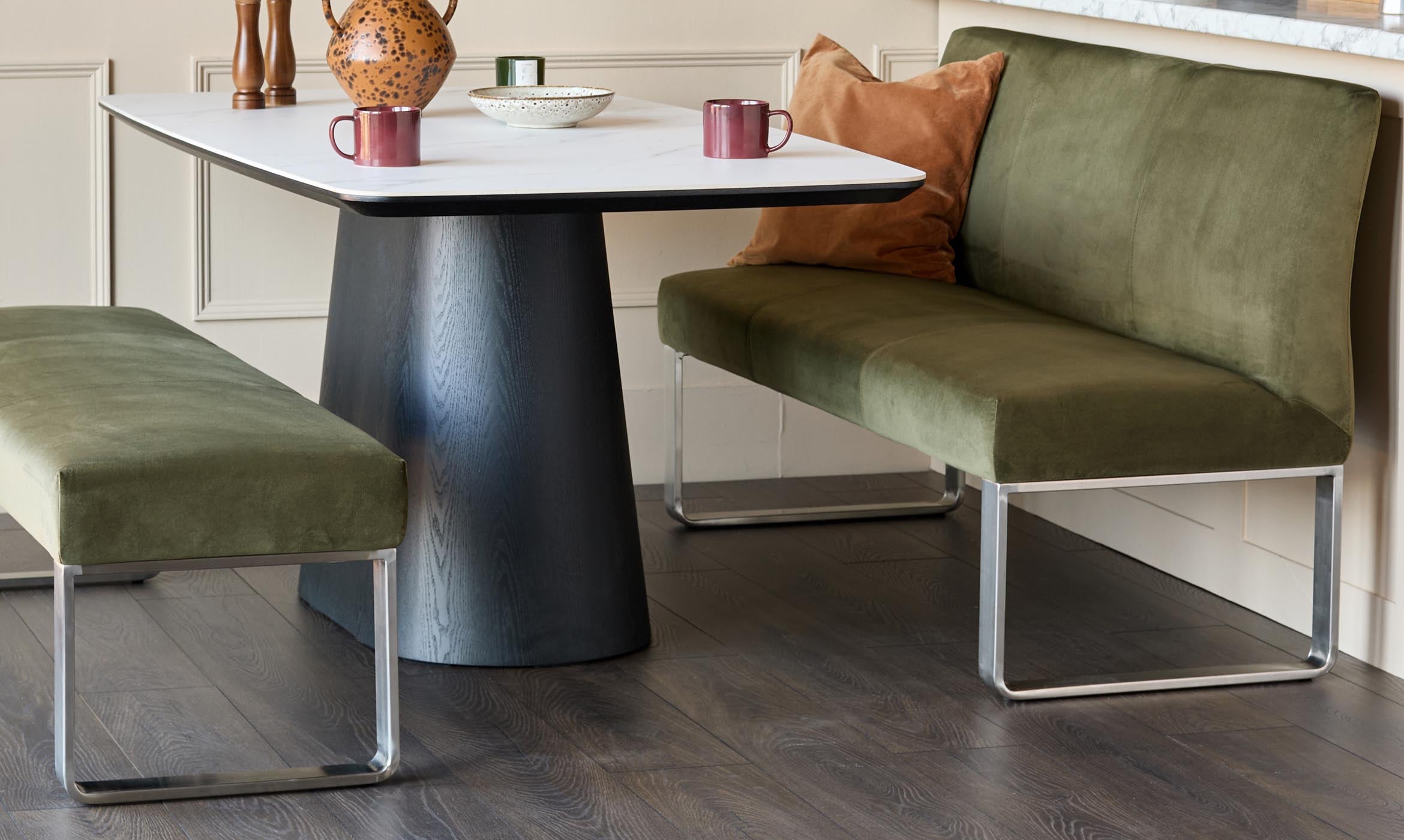 Loop olive green velvet stainless steel 3 seater dining bench with backrest