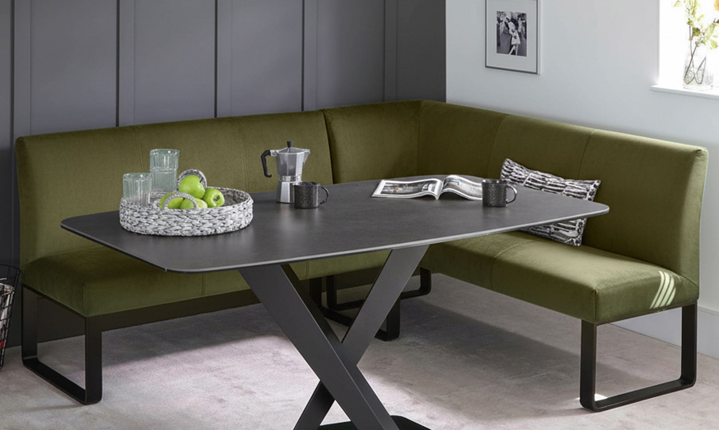 Loop olive green velvet black metal left hand corner 5 seater dining bench