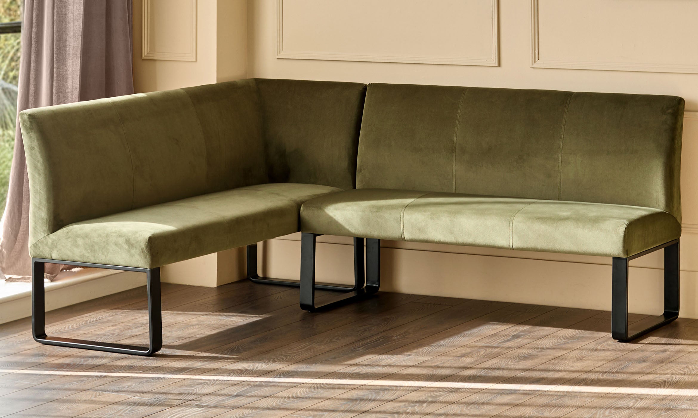 Loop olive green velvet black metal right hand corner 5 seater dining bench