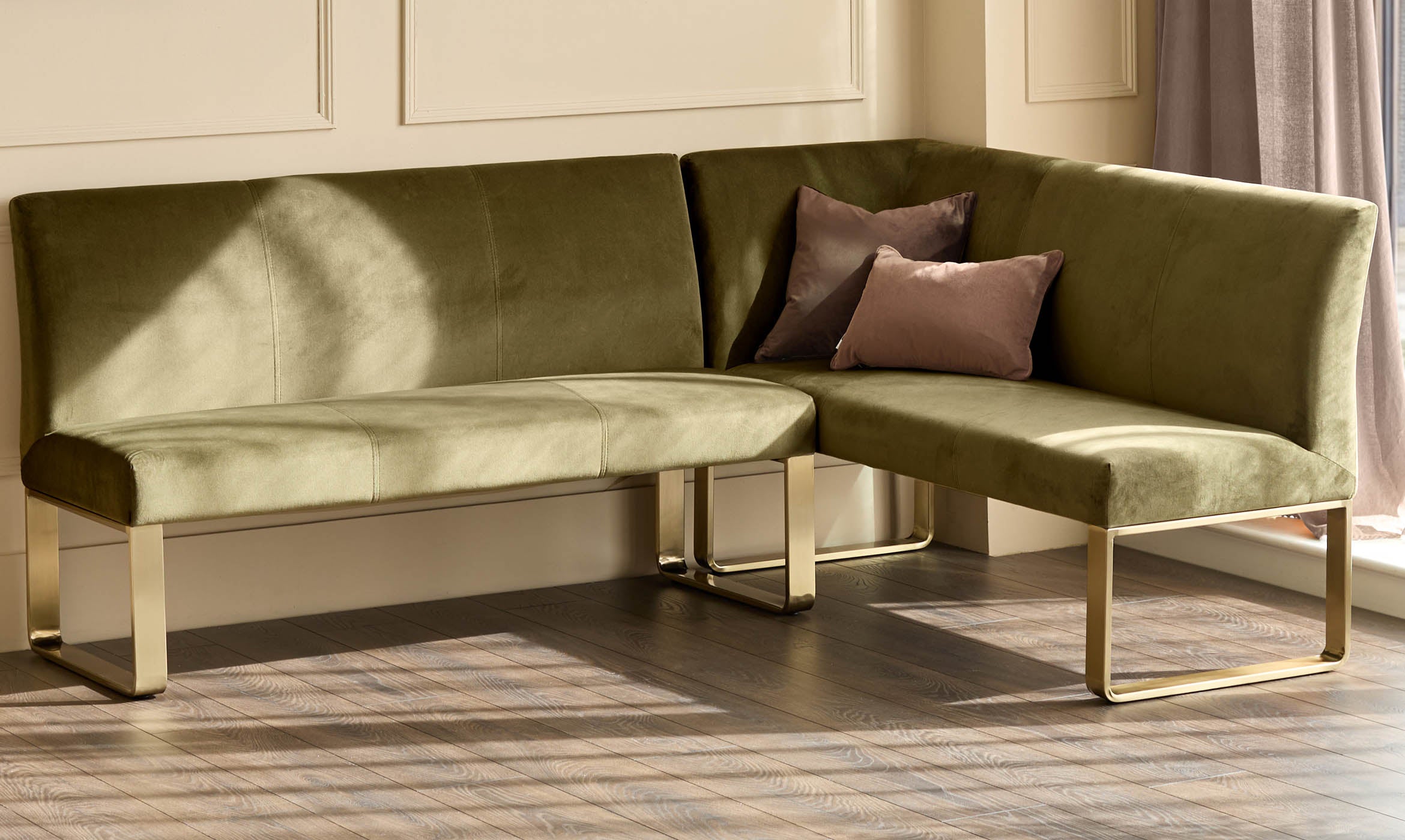 Loop olive green brushed brass left hand corner 5 seater dining bench