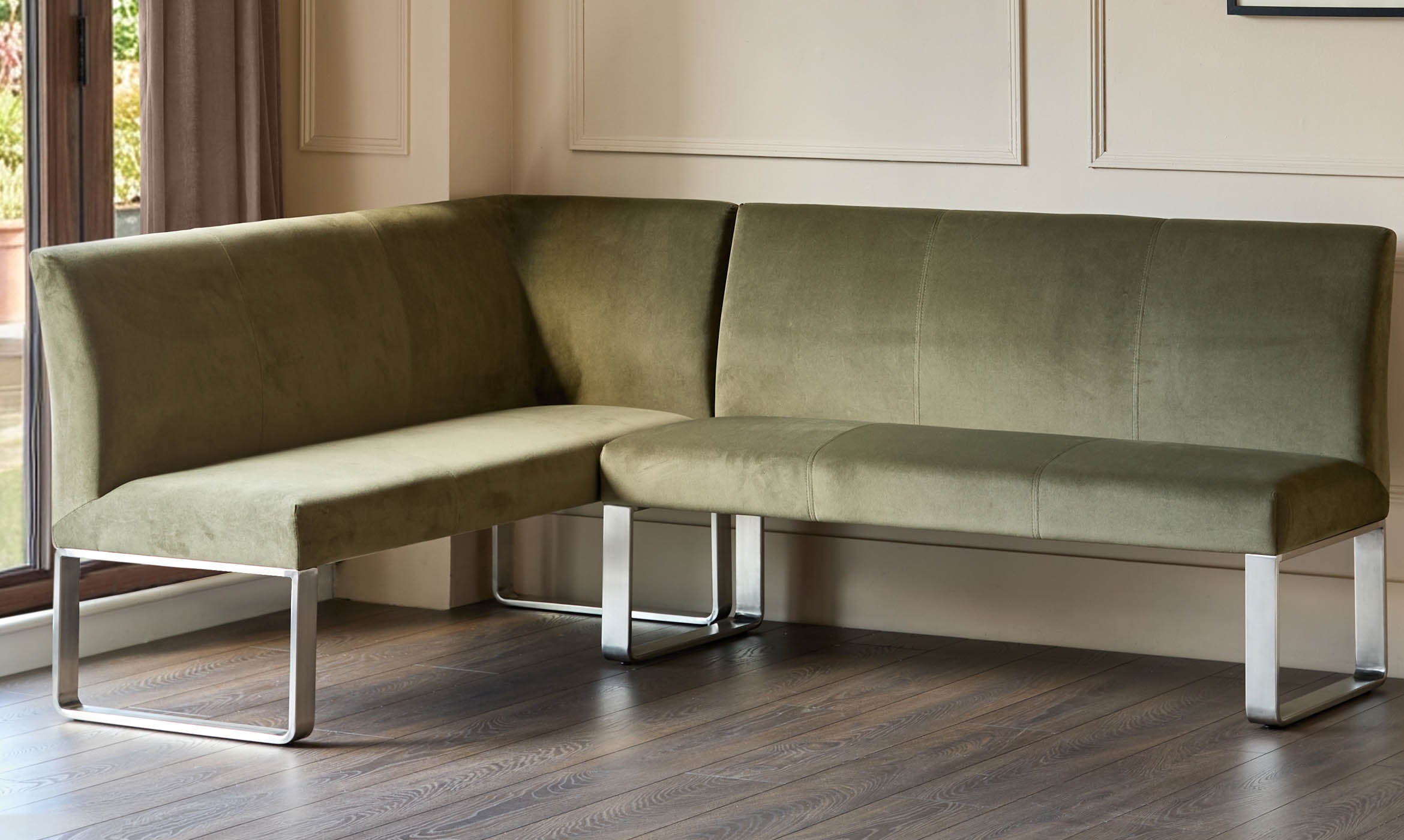 Loop olive green velvet stainless steel right hand corner 5 seater dining bench