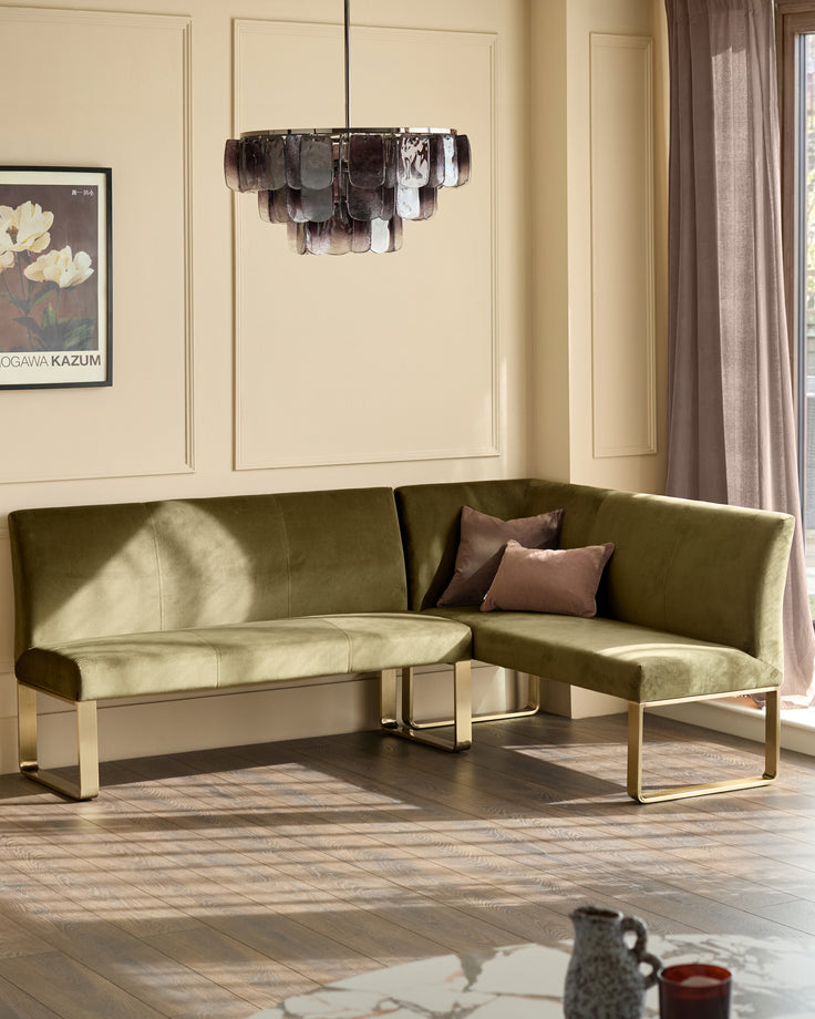 Natural ceramic 6 seater dining table with Mason olive green velvet dining chairs & left corner dining bench set