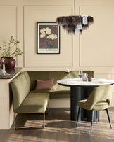 Natural ceramic 6 seater dining table with Mason olive green velvet dining chairs & left corner dining bench set