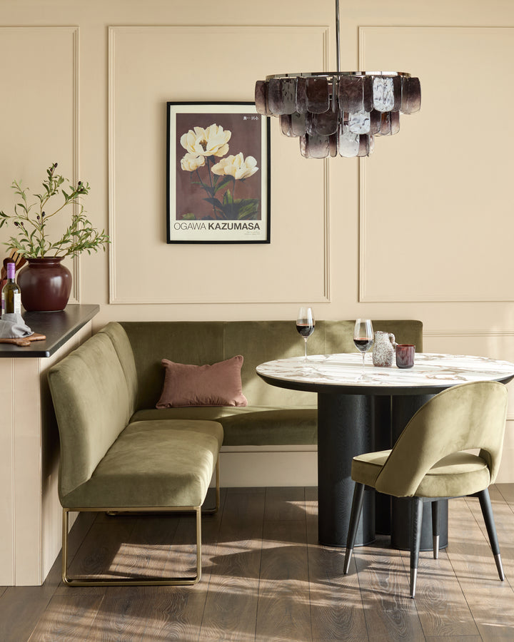 Natural ceramic 6 seater dining table with Mason olive green velvet dining chairs & left corner dining bench set