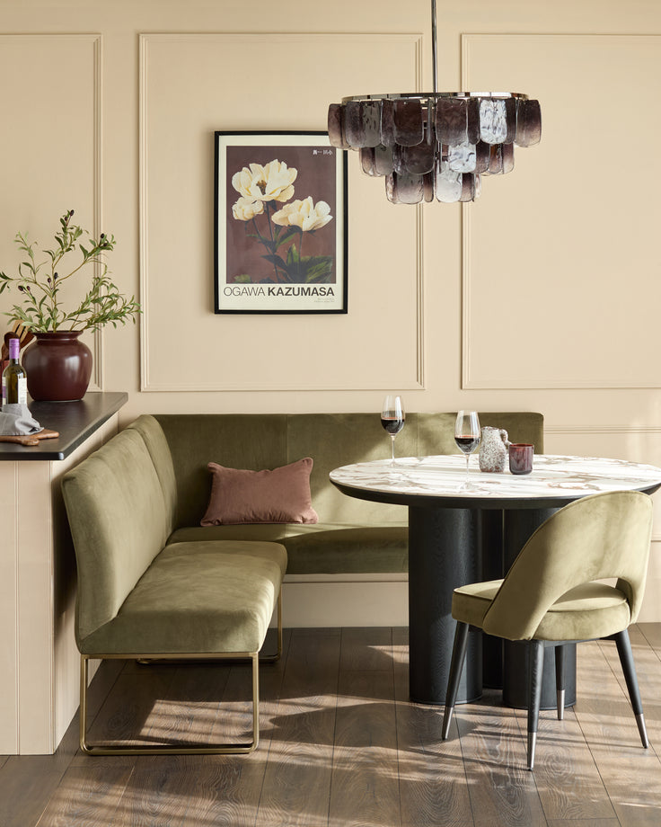 Natural ceramic 6 seater dining table with Mason olive green velvet dining chairs & left corner dining bench set