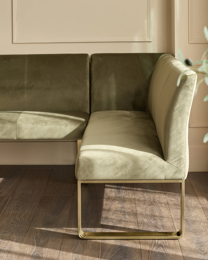 Natural ceramic 6 seater dining table with Mason olive green velvet dining chairs & left corner dining bench set