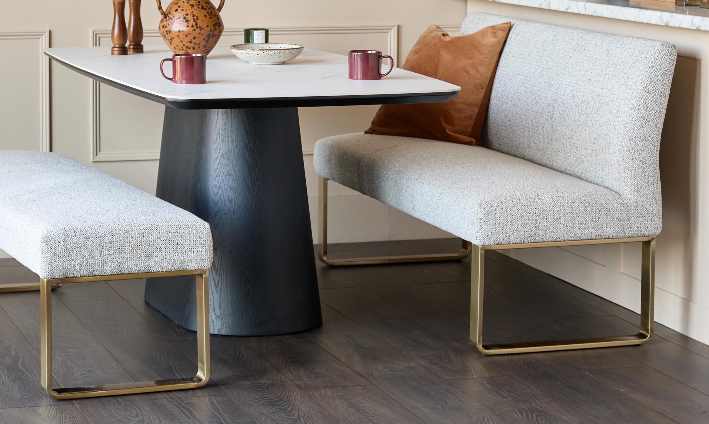 Loop grey fabric brushed brass 3 seater dining bench without backrest