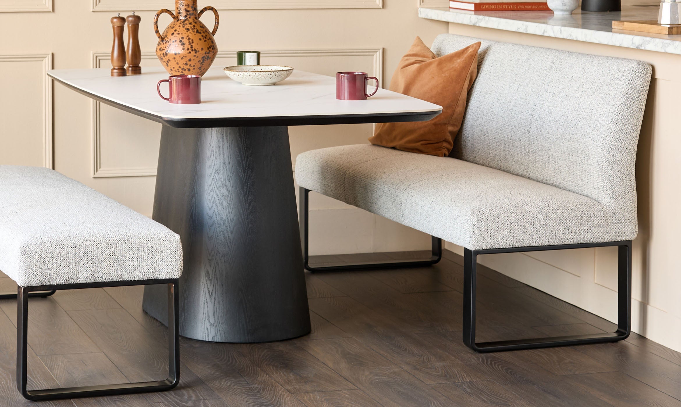 Loop grey fabric 3 seater black metal dining bench without backrest