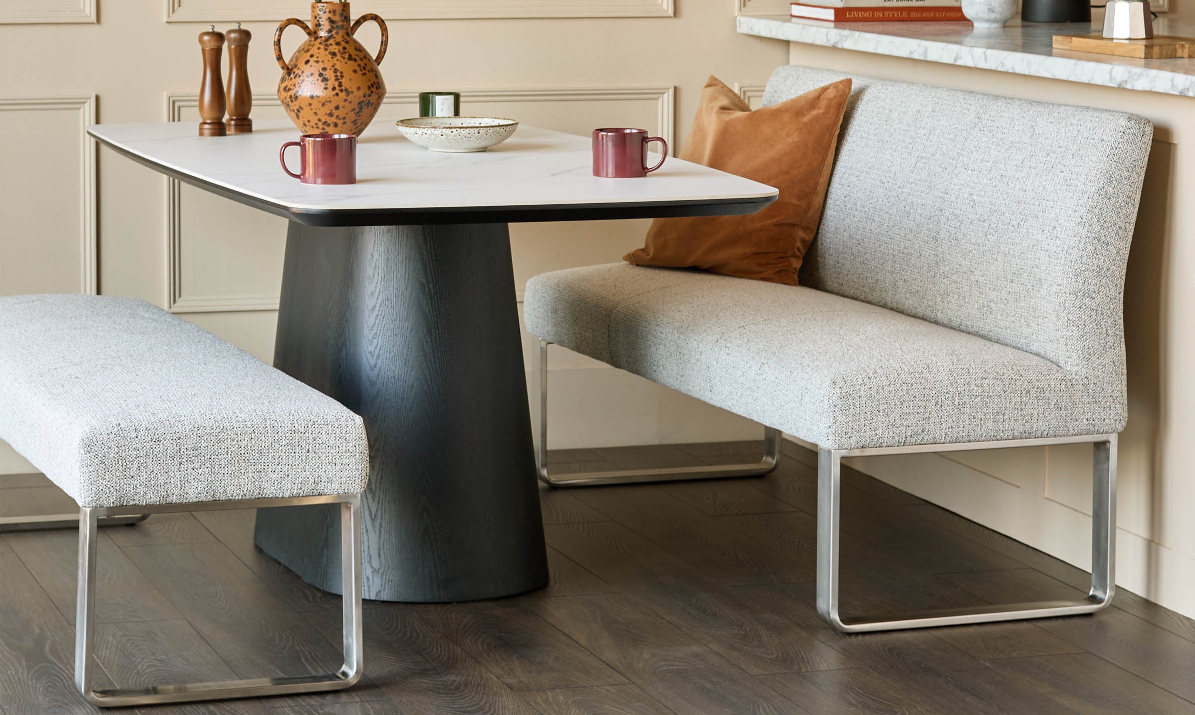 Loop grey fabric stainless steel 3 seater dining bench without backrest