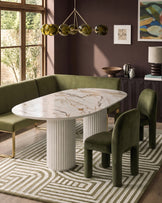 Natural ceramic 6 seater dining table with Mason olive green velvet dining chairs & left corner dining bench set