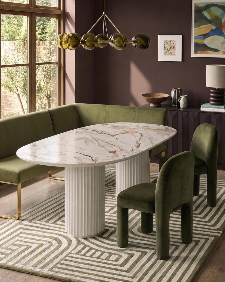 Natural ceramic 6 seater dining table with Mason olive green velvet dining chairs & left corner dining bench set