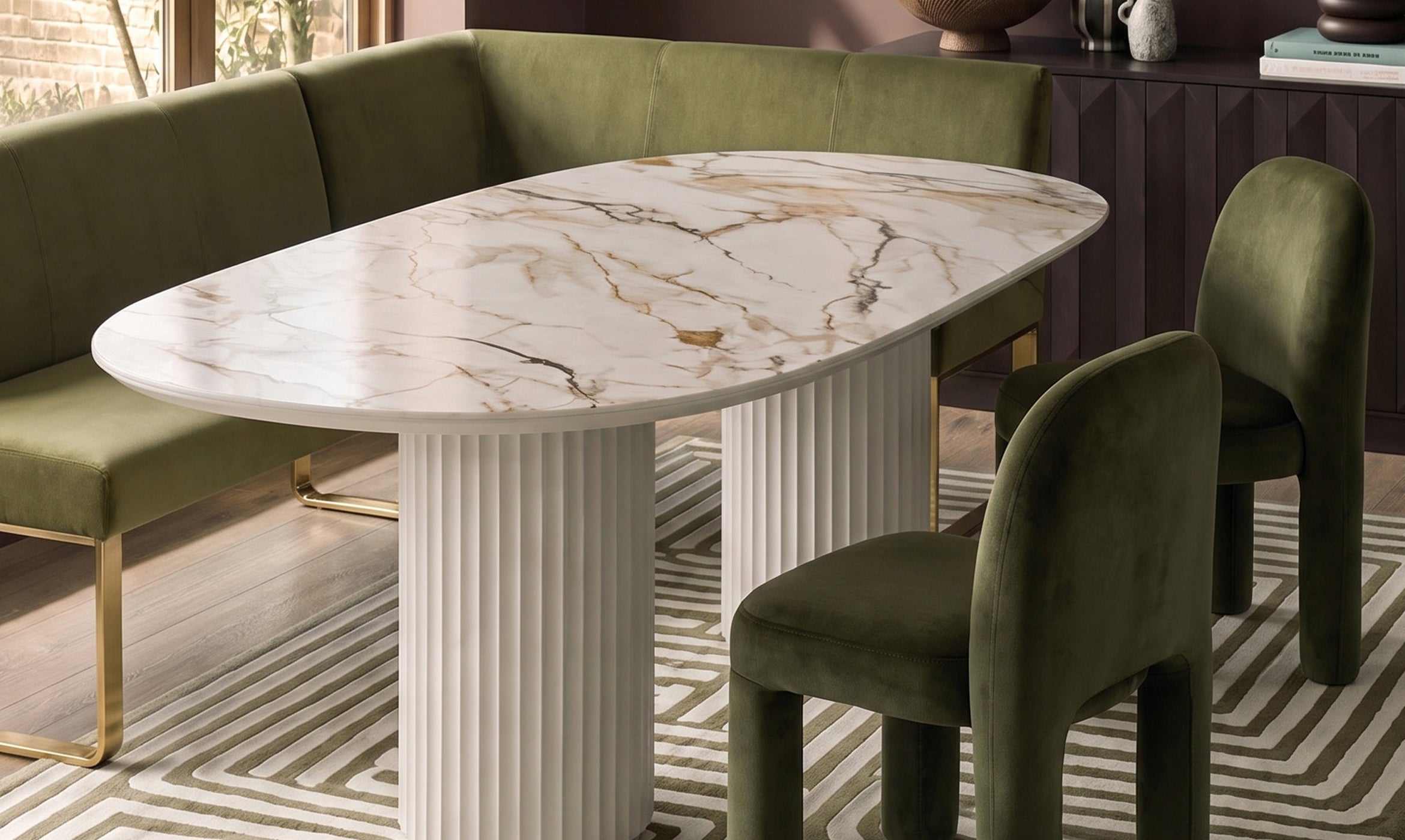 Natural ceramic 6 seater dining table with Mason olive green velvet dining chairs & left corner dining bench set