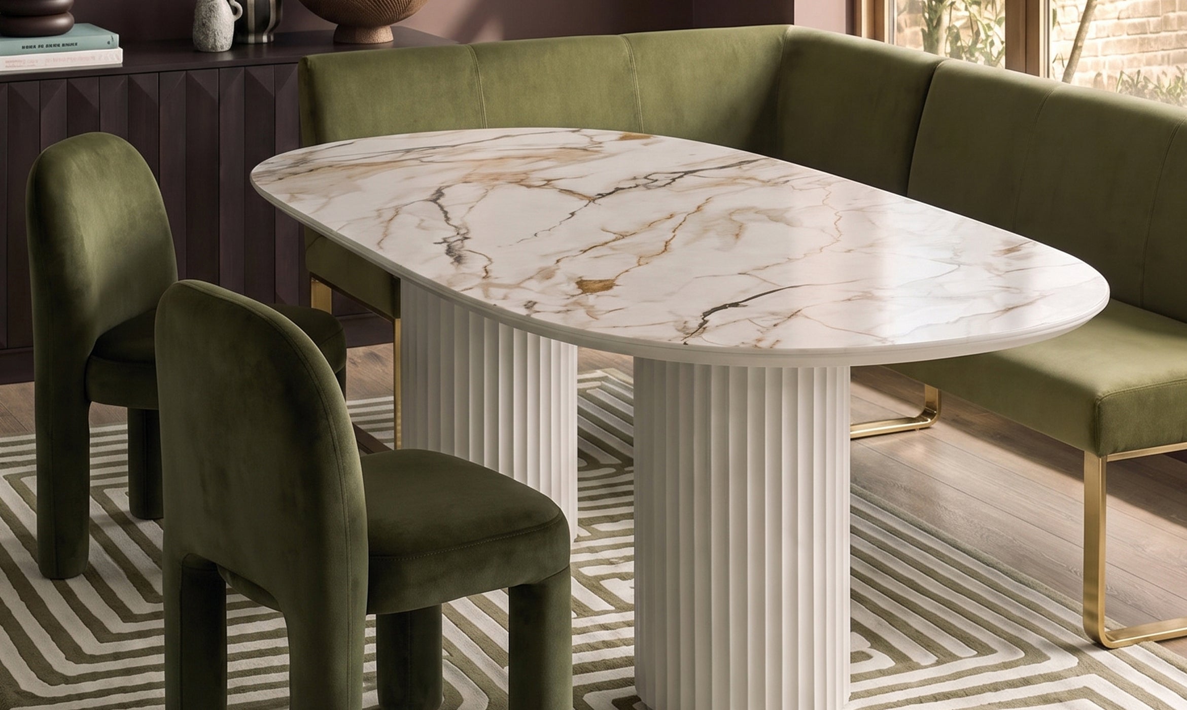 Natural ceramic 6 seater dining table with Mason olive green velvet dining chairs & right corner dining bench set