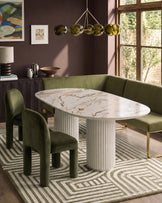 Natural ceramic 6 seater dining table with Mason olive green velvet dining chairs & right corner dining bench set