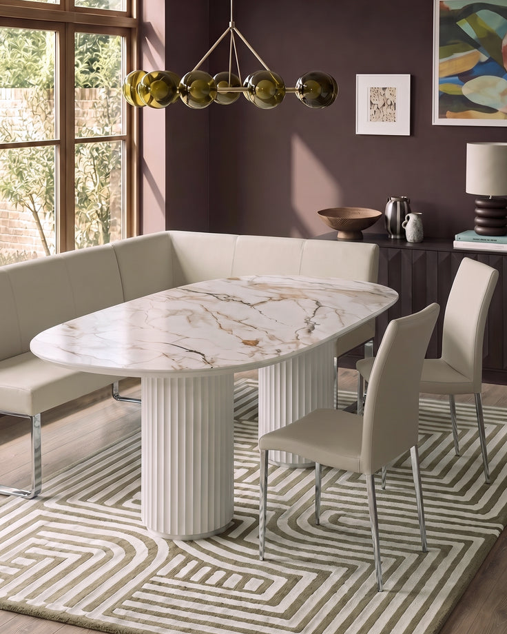 Natural ceramic 6 seater dining table with Elise light grey faux leather dining chairs & left corner dining bench set