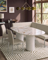 Natural ceramic 6 seater dining table with Elise light grey faux leather dining chairs & right corner dining bench set