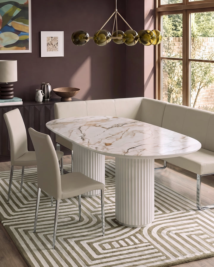 Natural ceramic 6 seater dining table with Elise light grey faux leather dining chairs & right corner dining bench set
