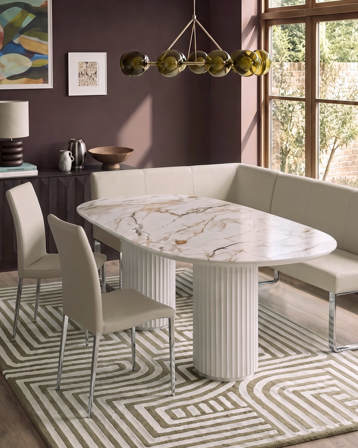 Natural ceramic 6 seater dining table with Elise light grey faux leather dining chairs & right corner dining bench set