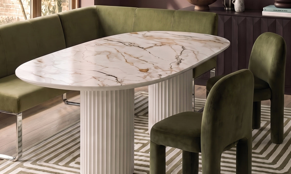 Natural ceramic 6 seater dining table with Mason olive green velvet dining chairs & left corner dining bench set