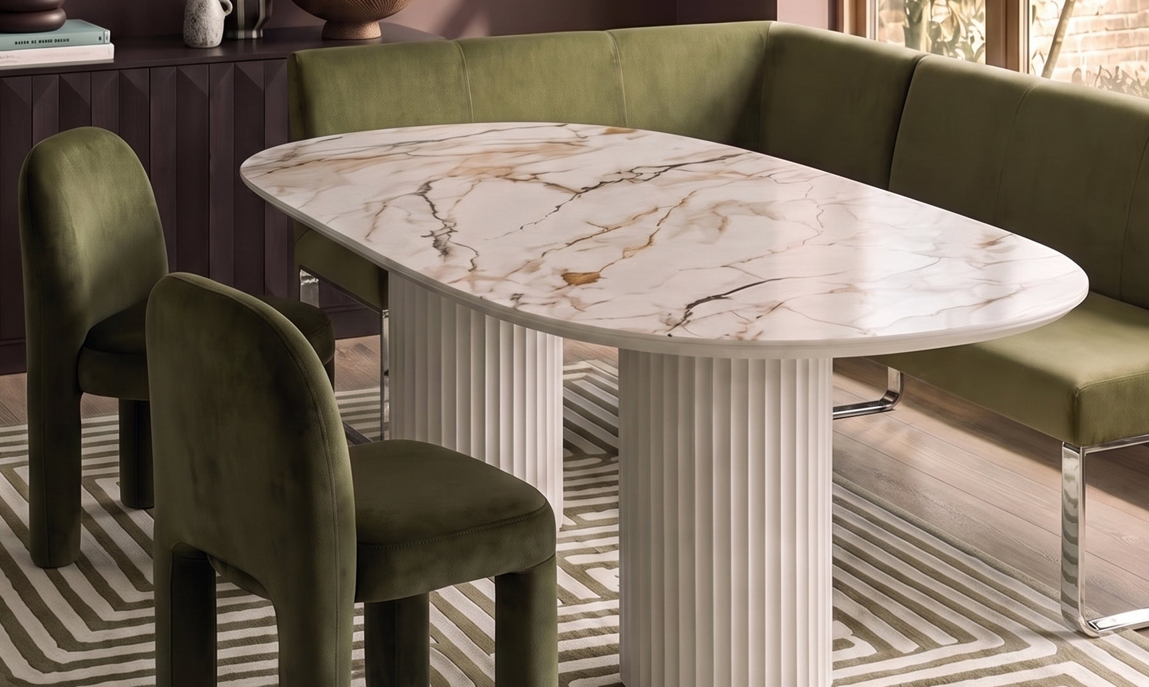 Natural ceramic 6 seater dining table with Mason olive green dining chairs & right corner dining bench set