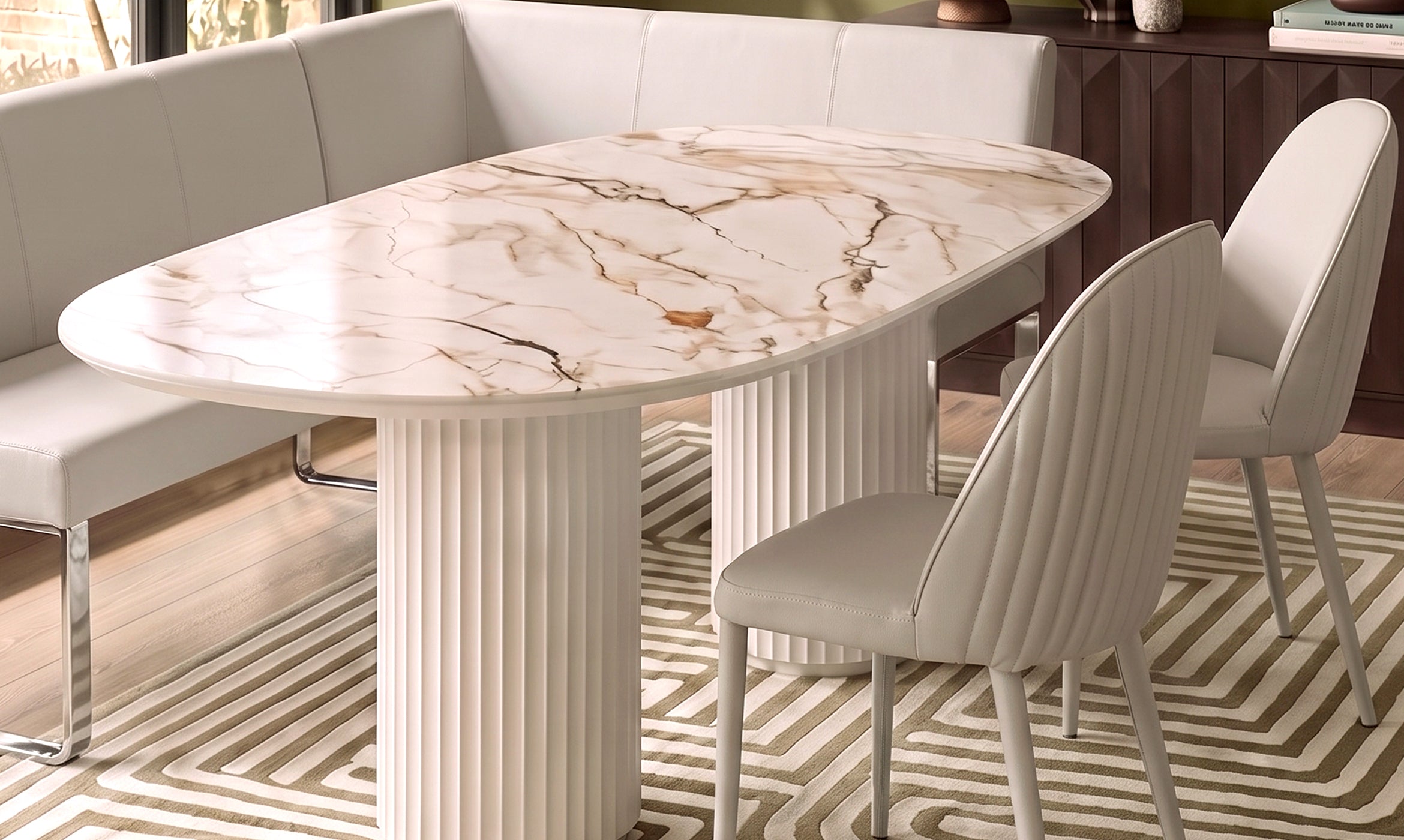 Natural ceramic 6 seater dining table with Saylor light grey faux leather dining chairs & left corner dining bench set