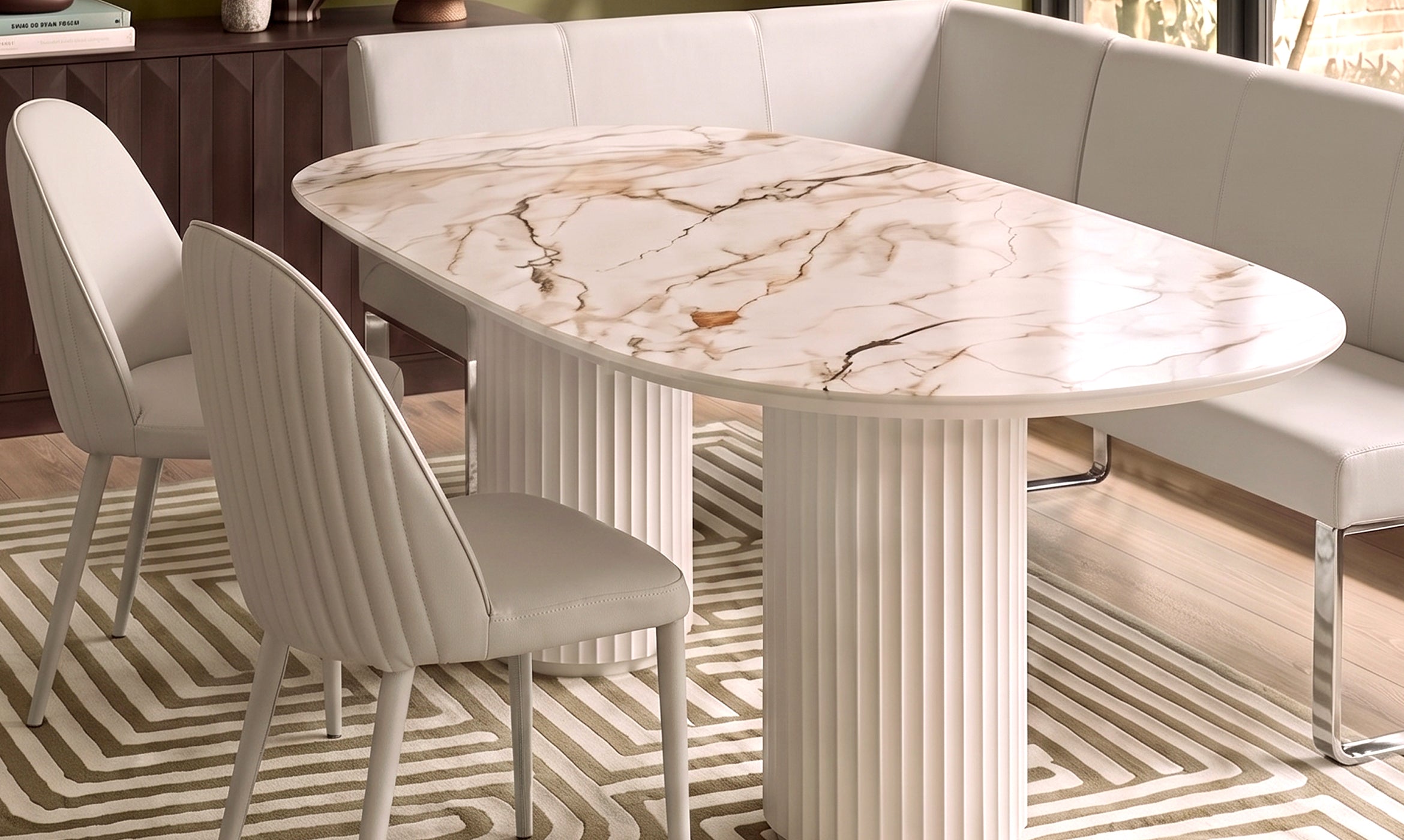 Natural ceramic 6 seater dining table with Saylor light grey faux leather dining chairs & right corner dining bench set