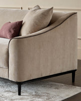 Champagne fabric 2-seater sofa with black wooden legs, shown from side angle with decorative pillows.