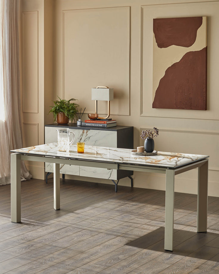 Louis ceramic extending dining table in natural finish with marble-effect top and light wood legs in modern dining room setting.