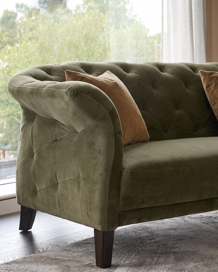 Luxe olive green velvet 3 seater sofa