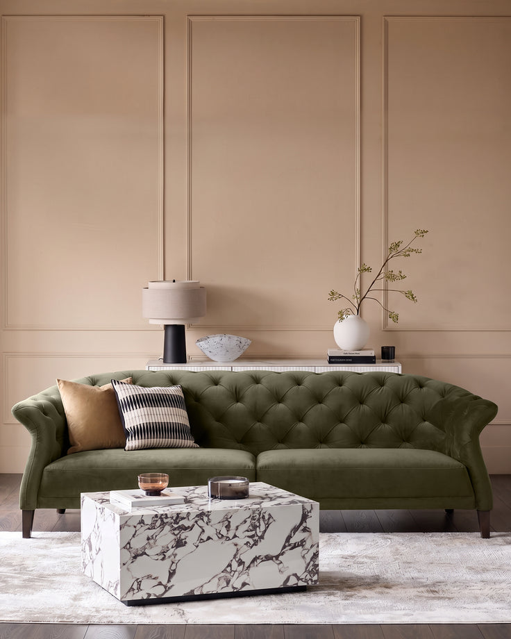 Luxe olive green velvet 3 seater sofa