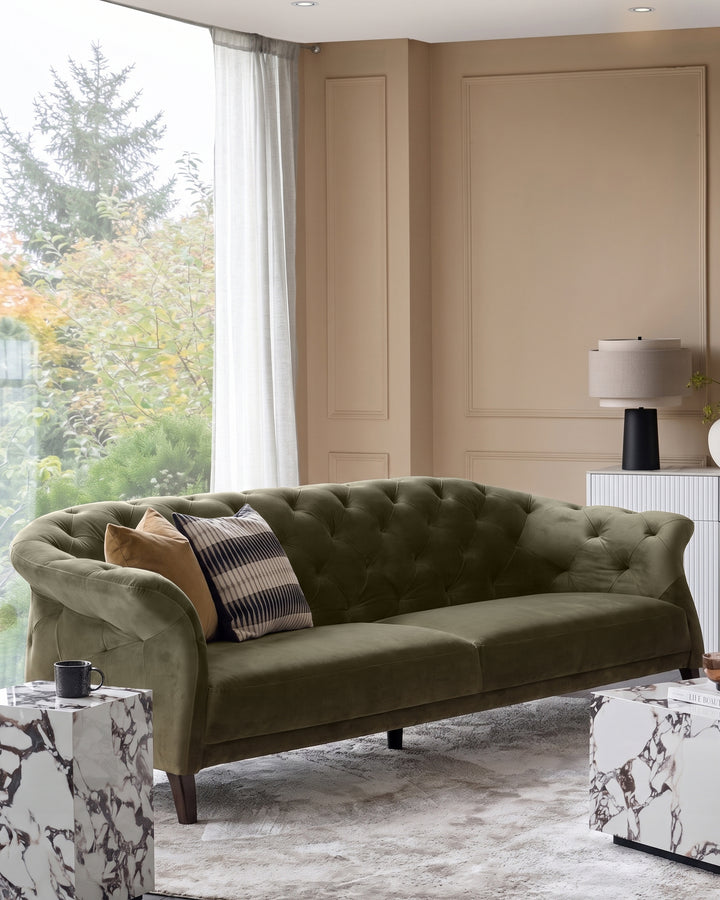 Luxe olive green velvet 3 seater sofa