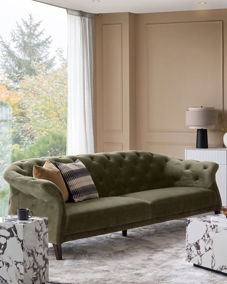 Luxe olive green velvet 3 seater sofa
