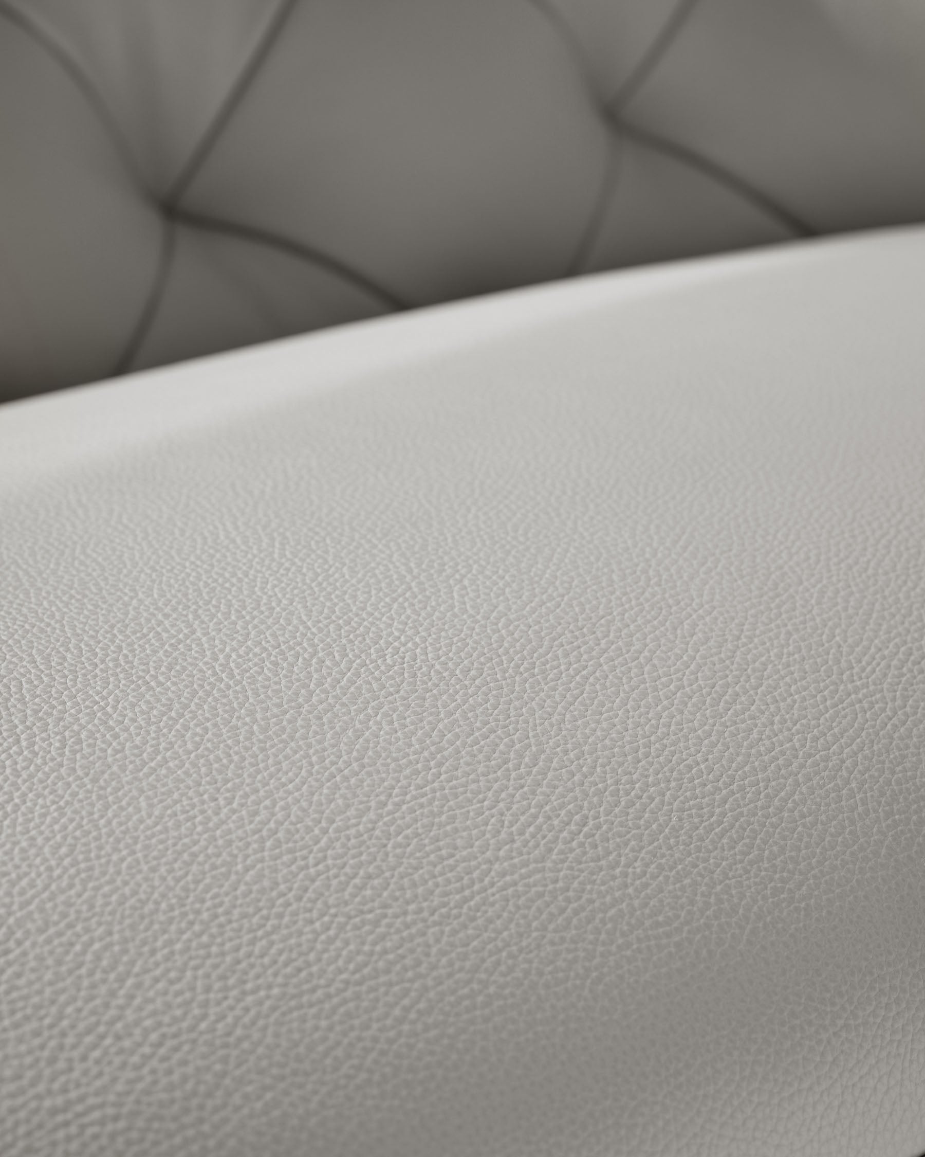 Close-up of a grey, leather sofa with buttoned detailing, highlighting the texture and soft sheen.