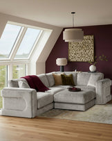 Lynetta natural grey chenille small corner sofa with footstool